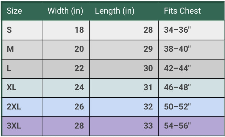 size chart measured in inches