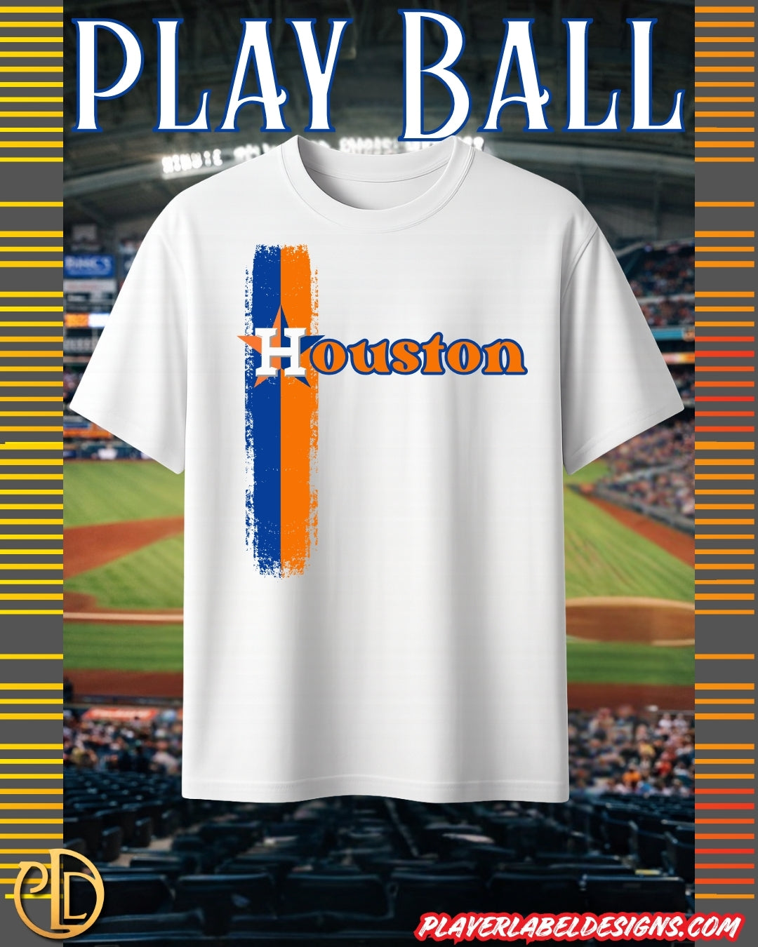 Custom Houston Baseball Vertical Striped T-Shirt - Heavy or Light Cotton Options