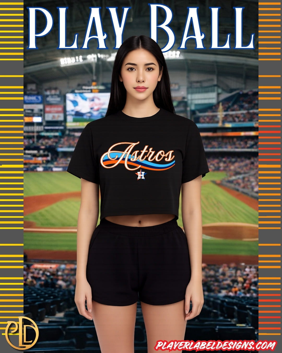 Woman wearing a Houston baseball team t-shirt with a baseball stadium in the background