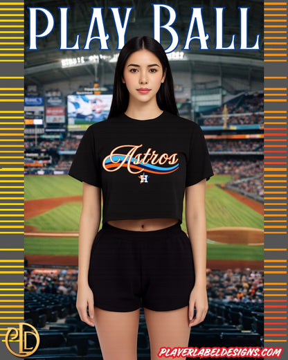 Woman wearing a Houston baseball team t-shirt with a baseball stadium in the background