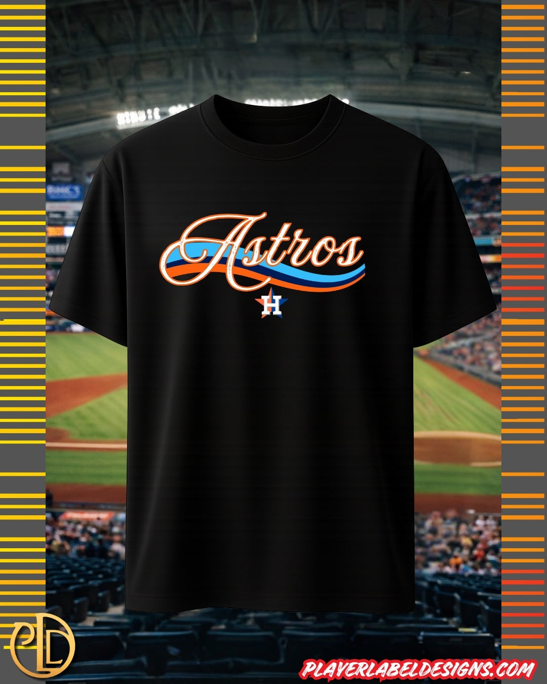 Black t-shirt with 'Astros' in front of a baseball stadium background