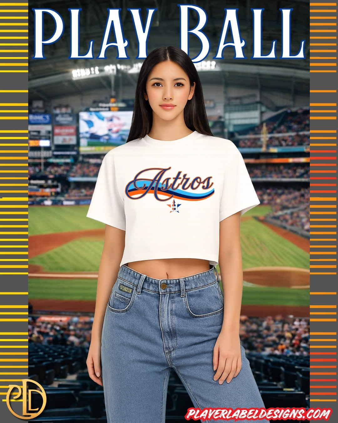 Woman wearing a Houston baseball team t-shirt with a baseball stadium in the background