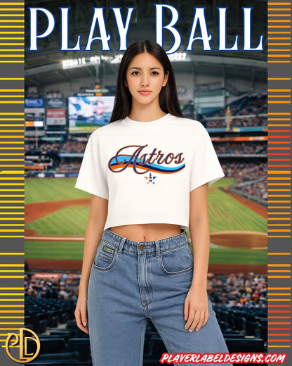 Woman wearing a Houston baseball team t-shirt with a baseball stadium in the background