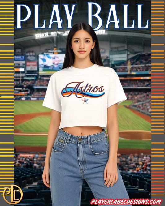 Woman wearing a Houston baseball team t-shirt with a baseball stadium in the background