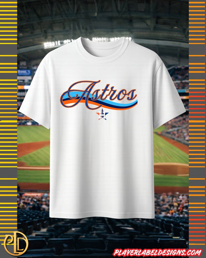 White t-shirt with a Houston baseball team logo on a baseball stadium background