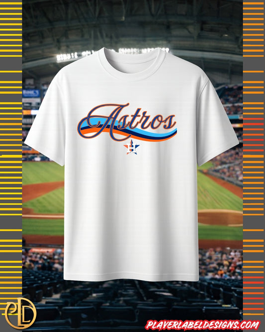 White t-shirt with a Houston baseball team logo on a baseball stadium background