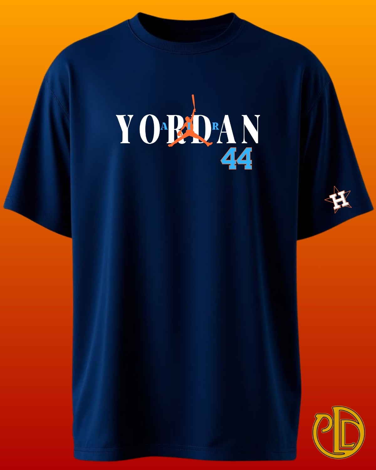 Navy blue t-shirt with 'Yordan 44' print on an orange background