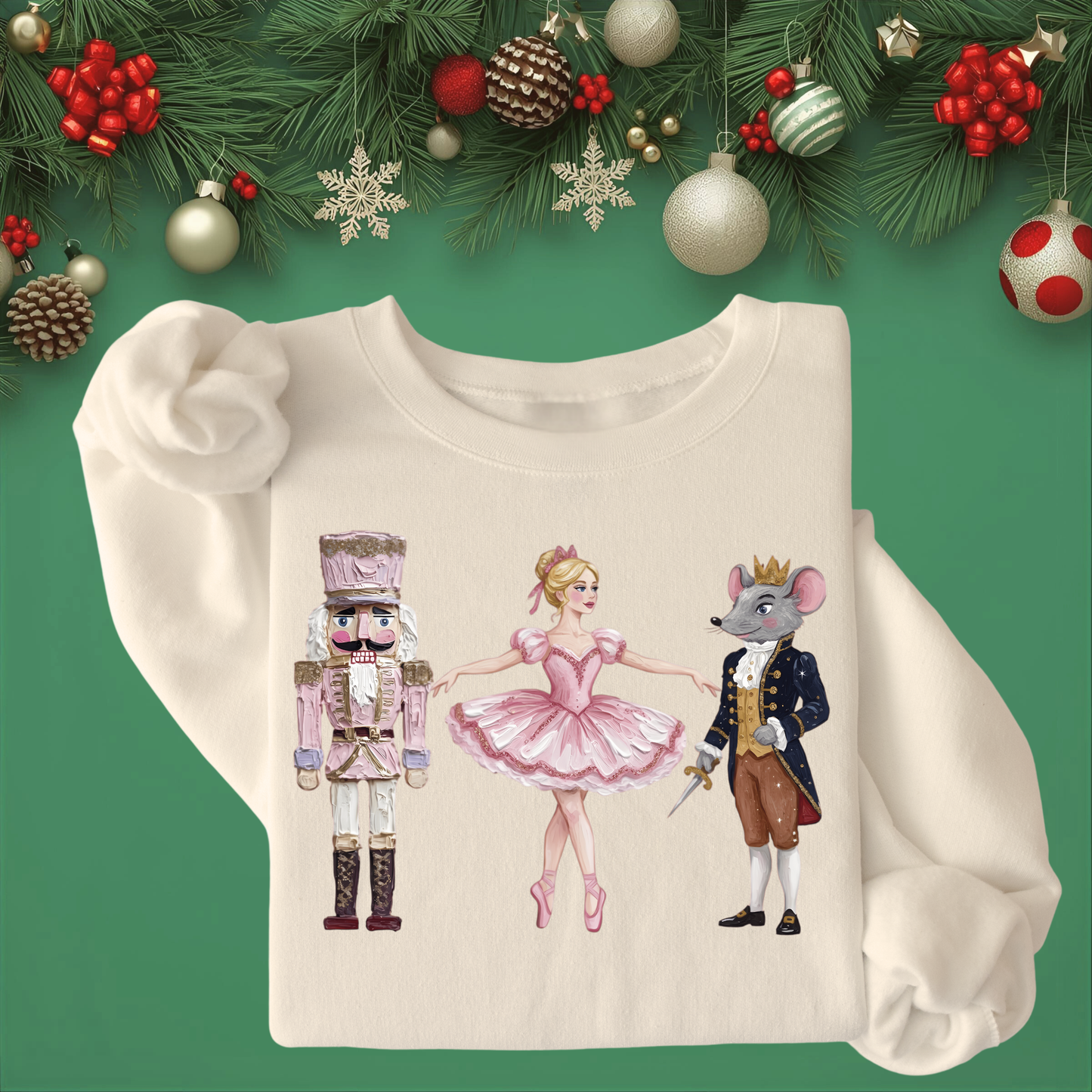 Pink Hand-Painted Print Nutcracker - Unisex Crew Neck Sweatshirt