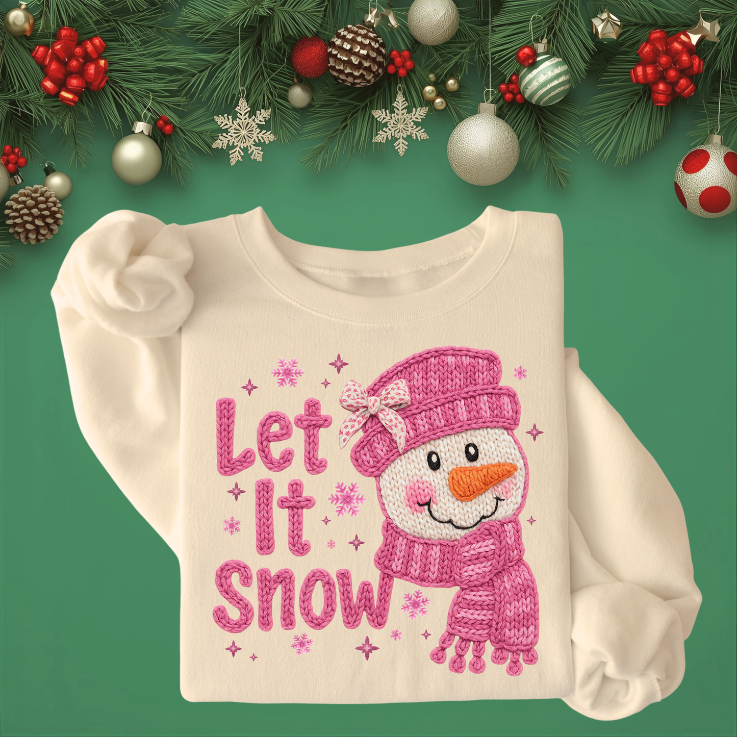 Let It Snow, Pink Yarn-like Snowman Print - Unisex Crew Neck Sweatshirt