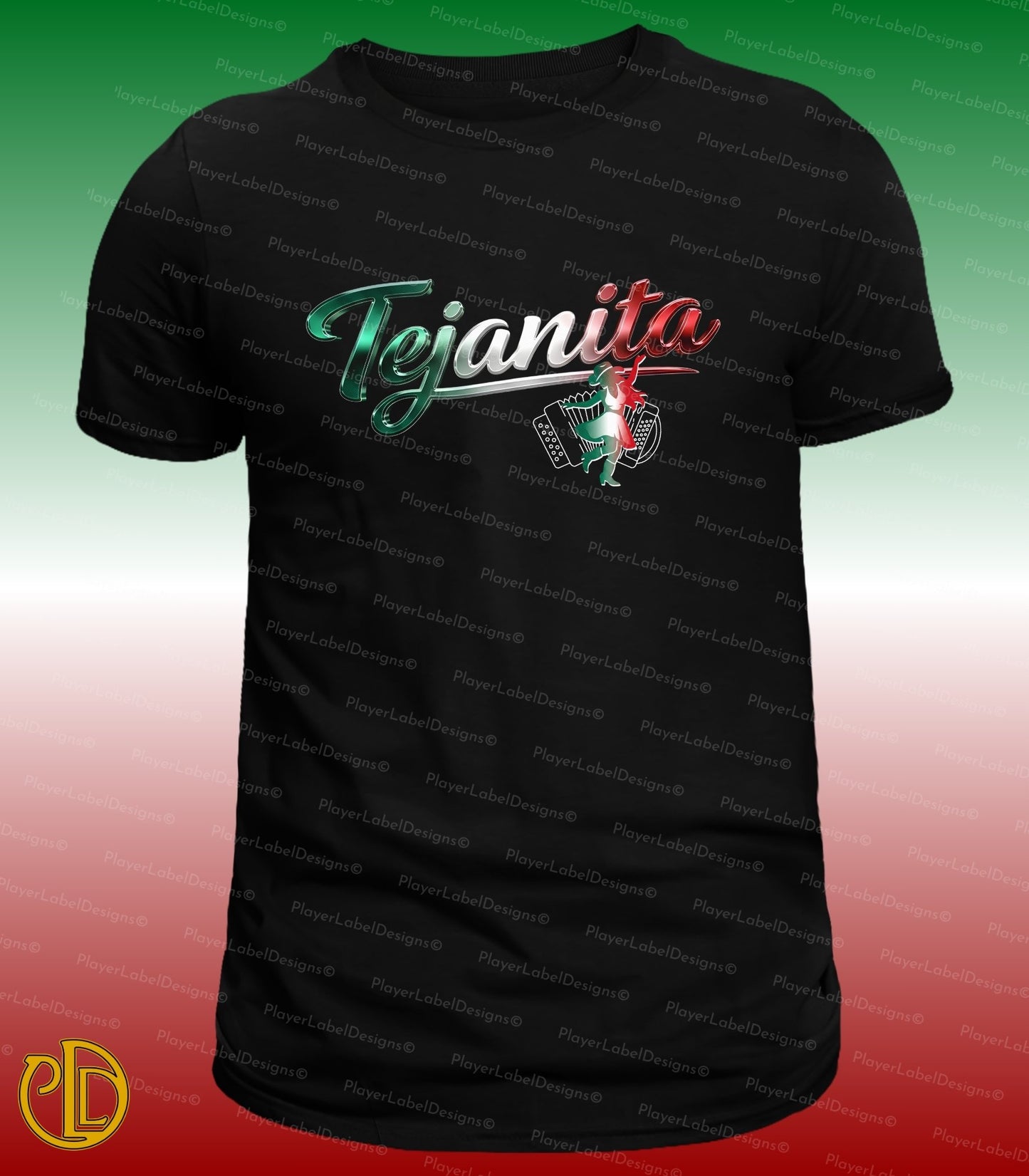 Black t-shirt with 'Tejanita' design on a gradient background